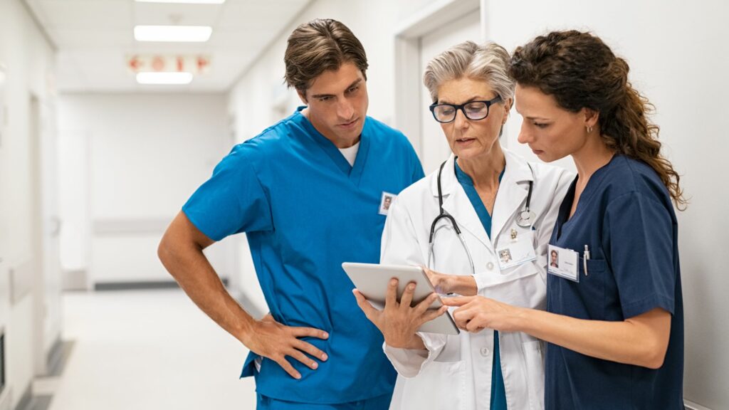 Two nurses on either side of a white coat doctor overlooking a tablet held by the doctor.